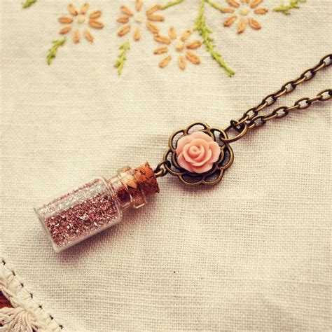 Tiny Bottle Necklace With Pink German Glass Glitter And Rose Bottle