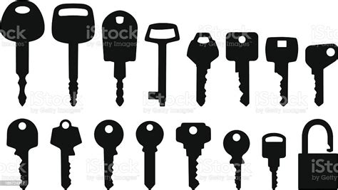 Sixteen Different Silhouettes Of Keys And One Lock Stock Illustration