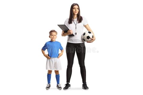 Boy Posing Next To A Female Football Coach Stock Photo Image Of