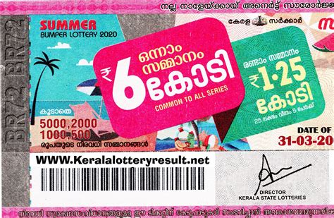 Kerala state lotteries offers seven weekly lotteries, one per day, and six bumper lotteries held throughout the year. Buy Summer Bumper 2020 BR 72 Kerala lottery :Online ...