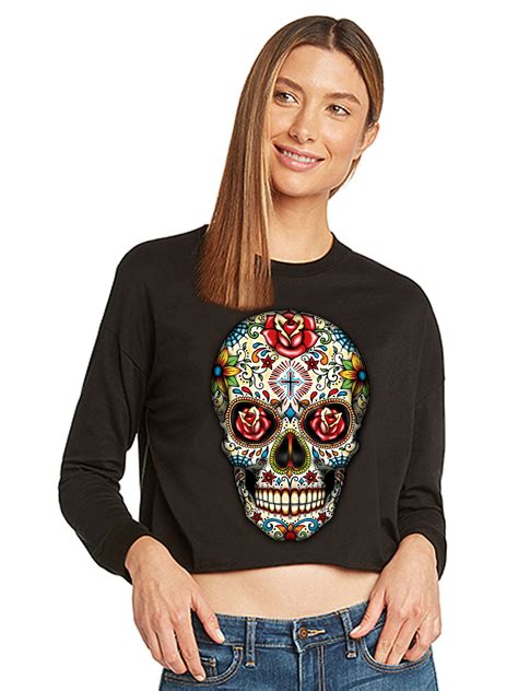 sugar skull roses crop tops for women long sleeve graphic tees for women skull theme shirt crop