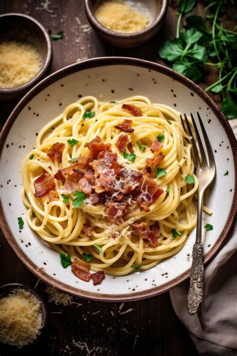 A Bowl Of Spaghetti With Bacon And Parmesan Cheese Generative Ai Image Stock Image Image Of