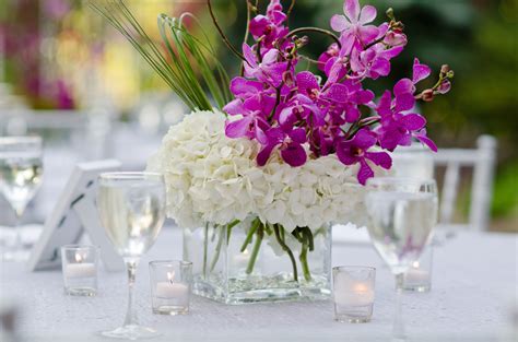 Low White Hydrangea And Purple Orchid Centerpiece