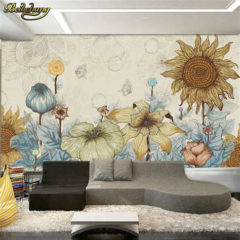 Beibehang 3d Modern Simple Hand Painted Flowers Warm Theme Mural Living