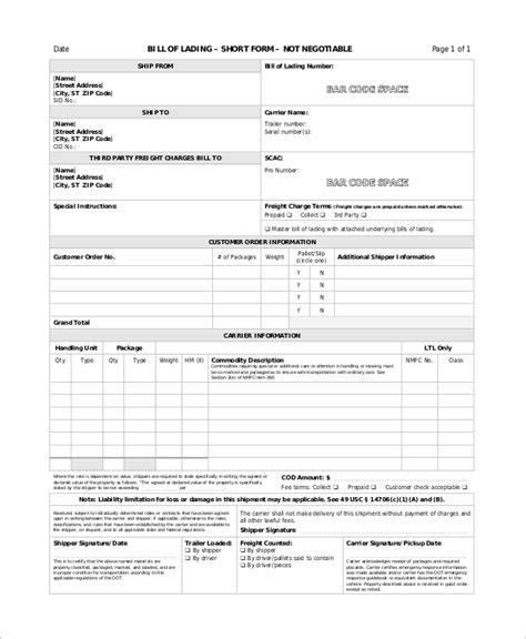 Printable Blank Bill Of Lading