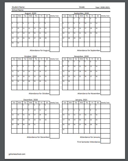 Grace Christian Homeschool Free Homeschool Attendance Calendars 2020