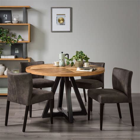 Take a trip to the countryside with the. Chevron Rustic Oak Round Dining Table With 4 Fabric Shaped Back Chairs Seats 5 | eBay