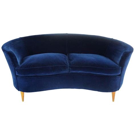 Lovely Small Curved Sofa In Luxury Blue Velvet At 1stdibs