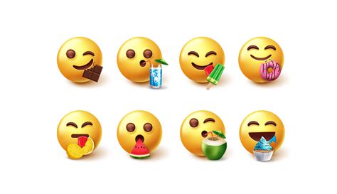 Emoji Eating Characters Vector Set Emojis 3d Eating And Drinking Foods