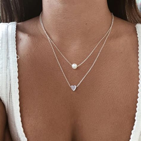 korean fashion love heart pearl chain necklace women simple personality layered clavicle choker