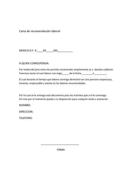 Carta Recomendación Laboral Personal Carta De Recomendacion Personal