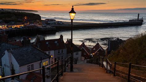 Desktop Wallpapers England Whitby Stairs Fence Rivers 2560x1440