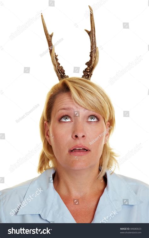 Surprised Woman Deer Antlers On Her Stock Photo 84680023 Shutterstock