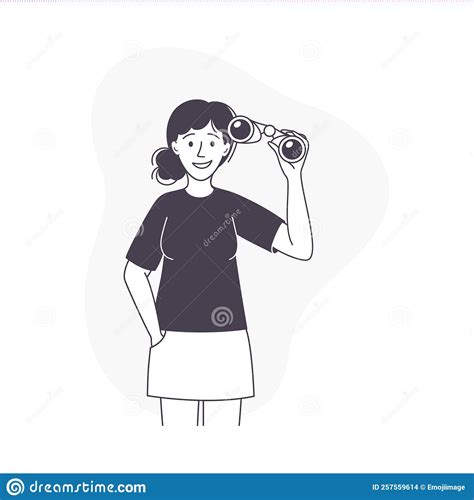Woman Character With Binoculars Looking In Future Observing Vector