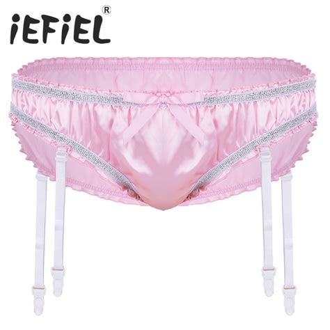 Iefiel Men Lingerie Shiny Stretchy Satin Ruffled Lined Sissy Triangle Briefs Underwear Panties