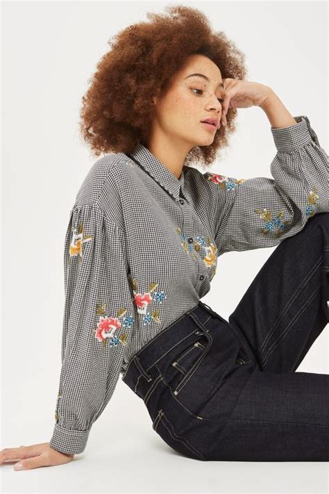 Petite Houndstooth Floral Embroidered Shirt Floral Embroidered Shirt