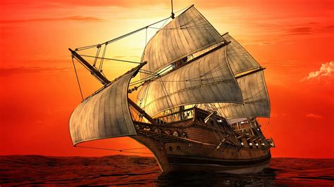 Ship With Sails Sea Sunset Red Sky Ultra Hd 4k Art Wallpapers Hd