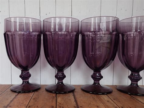 Vintage Libbey Glass Gibraltar Violet Dark Purple 7 Iced Tea Water Goblet Set Of 4 Flat Paneled