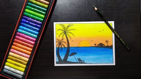 How to draw easy sunset scenery step by step with colored pencils #sunset #drawing #sea. How to Draw Beautiful Beach Sunset Scenery, Using Oil ...