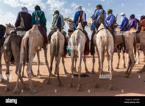 Tuareg People In Traditional Clothes Sitting On Camels In Desert Stock