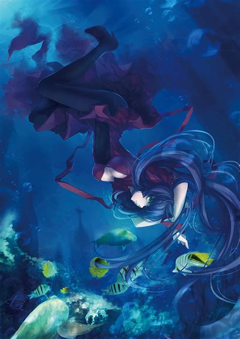 Original Characters Blue Hair Pantyhose Underwater Bubbles Anime