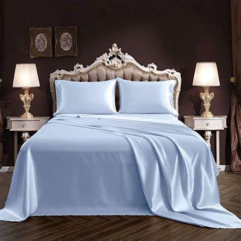 Siinvdabzx 4pcs Satin Sheet Set Queen Size Ultra Silky Soft Baby Blue
