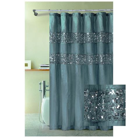 Bathroom And More Blue Fabric Shower Curtain With Stitched Sequins