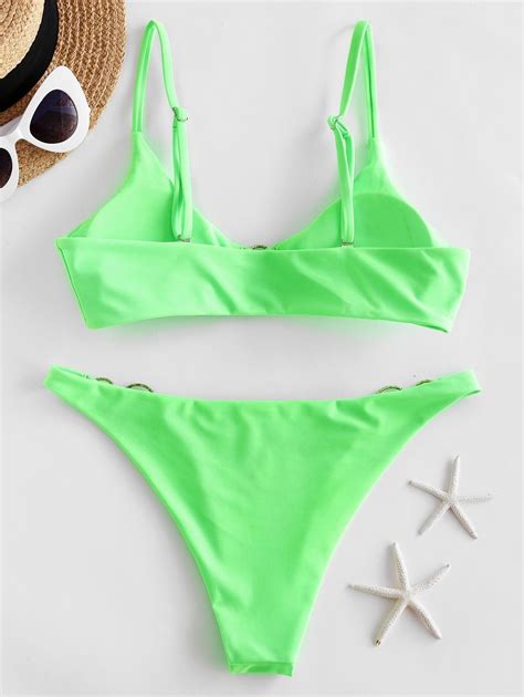 Zaful Dual O Ring Neon Bikini Swimsuit Dark Orange Green In 2021