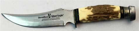 Lot Precise Silver Eagle Fixed Blade Stag Handle Hunting Knife W