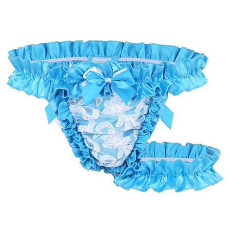 Iefiel Mens Lingerie Bowknot Lace Frilly Satin Ruffled Sissy Gay Male Panties High Cut G String