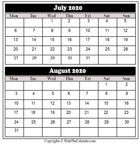 July And August 2020 Calendar Printable 😄😄