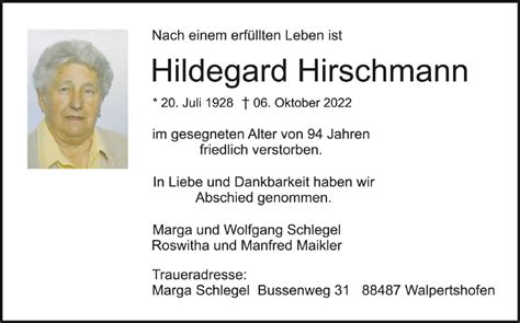 Traueranzeigen Von Hildegard Hirschmann Schwaebische De Trauerportal