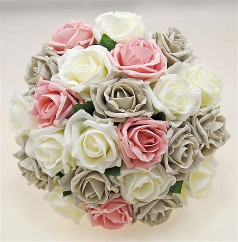 Brides Dusky Pink Ivory And Grey Artificial Foam Rose Wedding Bouquet