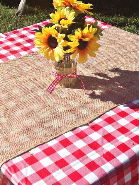 Babyq Red Gingham Tablecloth With Burlap Runner And Sunflower Mason Jar
