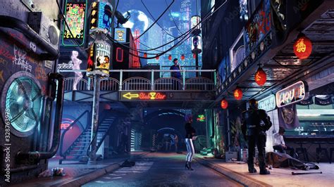 Cyberpunk City Concept Alley Street Night 3d Rendering Wall Mural