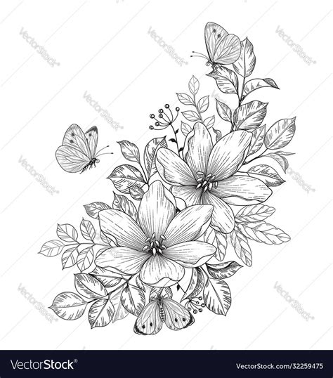 Hand Drawn Flowers And Butterflies Royalty Free Vector Image