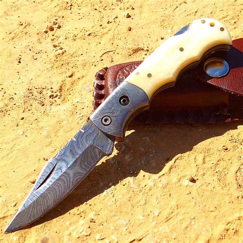 Theboneedge 65 Damascus Blade Folding Knife White Handle With Leather
