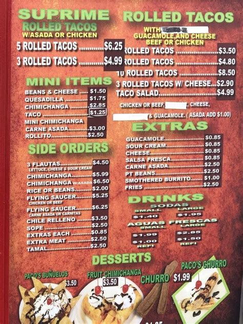 At beto's mexican food in ogden, ut, their menu features a wide range of options fit for even the pickiest of palates, and they're open for breakfast, lunch, and dinner. Menu of Paco's Tacos in Lehi, UT 84043