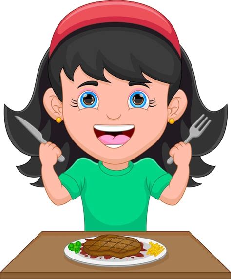 Jolie Fille Mangeant Un Dessin Animé De Steak De Boeuf Vecteur Premium