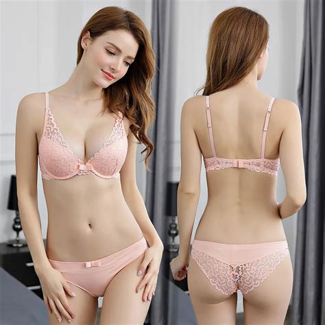 Pink Bra And Panties Sets Cotton Brassierethick Deep V Push Up Bras Sexy Underwear Set Lace