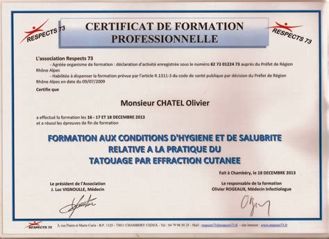 Olivier Tatoo Certificat De Formation Professionnelle Aux Conditions