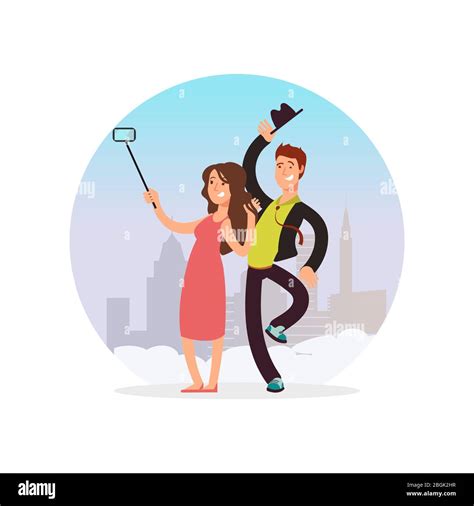 happy couple making selfie cartoon character man and woman making photo isolated on white
