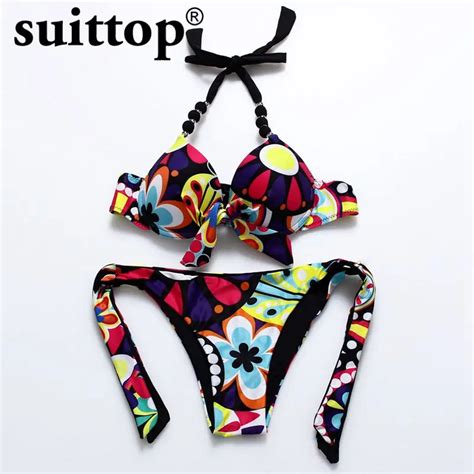 Suittop Bikinis 2017 Summer New Sexy Maillot De Bain Cute Print Flower Halter Bikini Push Up