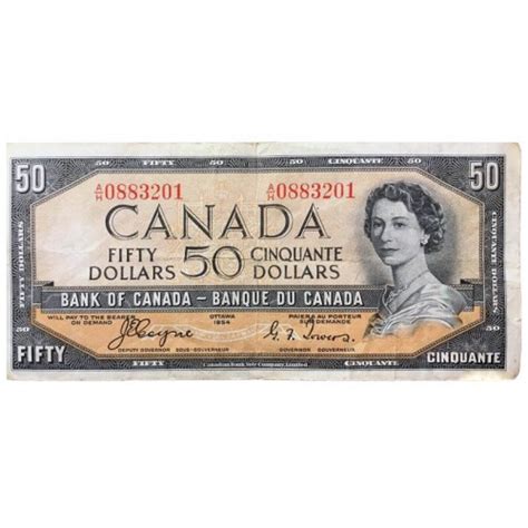 1954 Bank Of Canada 50 Dollar Coynetowers Bill Note Devils Face