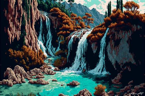 Stunning Mountain Waterfalls Pixel Art Graphic By Alone Art · Creative