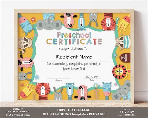Preschool Certificate Template Preschool Completion Diploma Etsy In