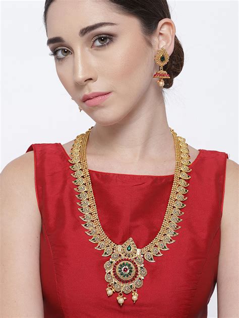 Youbella Green And Red Gold Plated Stone Studded Textured Jewellery Set
