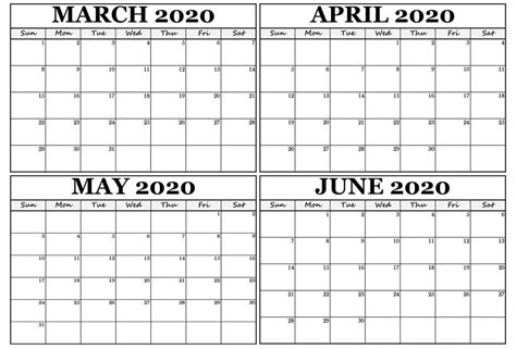 April May June 2020 Calendar 3 Month Printable Template