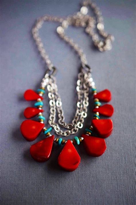 Pyrite Turquoise Red Coral Necklace Beaded Silver Chain Etsy Red