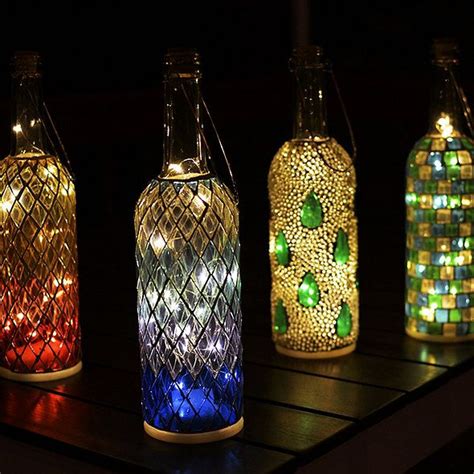 Wine Bottle Mosaic Lanterns Set Of 4 Wine Enthusiast Wine Bottle Crafts Christmas Lighted